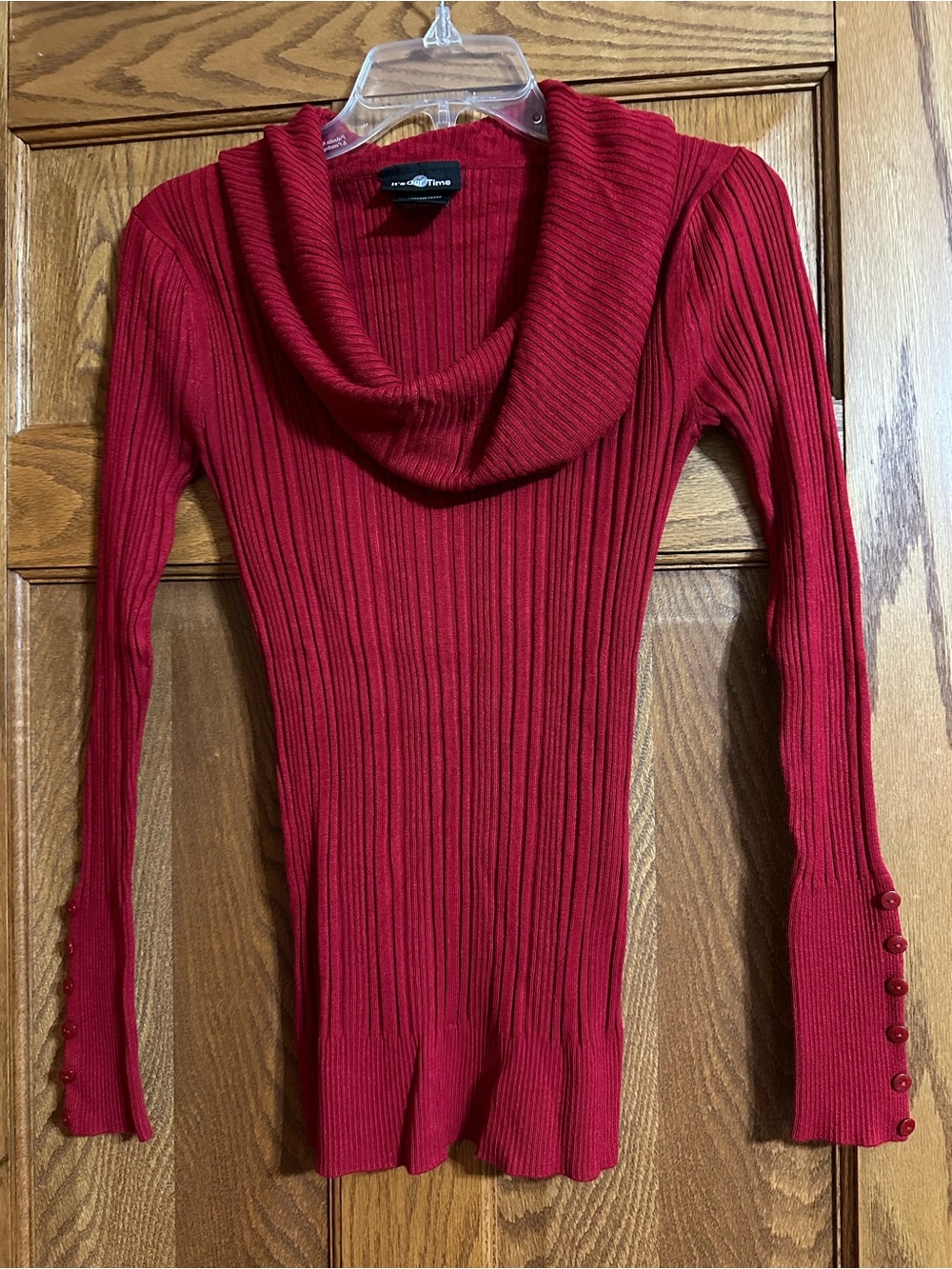 It's Our Time Red Ribbed Cowl Neck Sweater with Button Cuffs